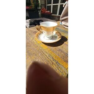 Peach Lusterware Floral Stems Teacup & Saucer Gold Accents / Trim Unmarked